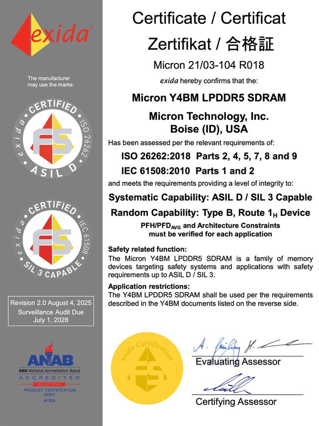 Micron Y4BM LPDDR5 SDRAMに対するexidaによるISOおよびIEC証明書