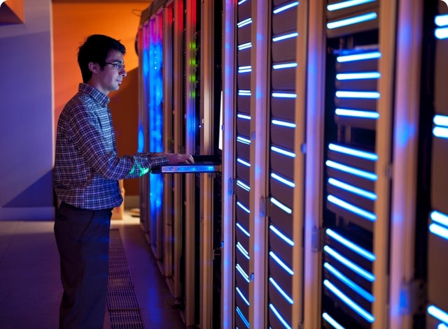 Close-up image of security camera highlighted in blue