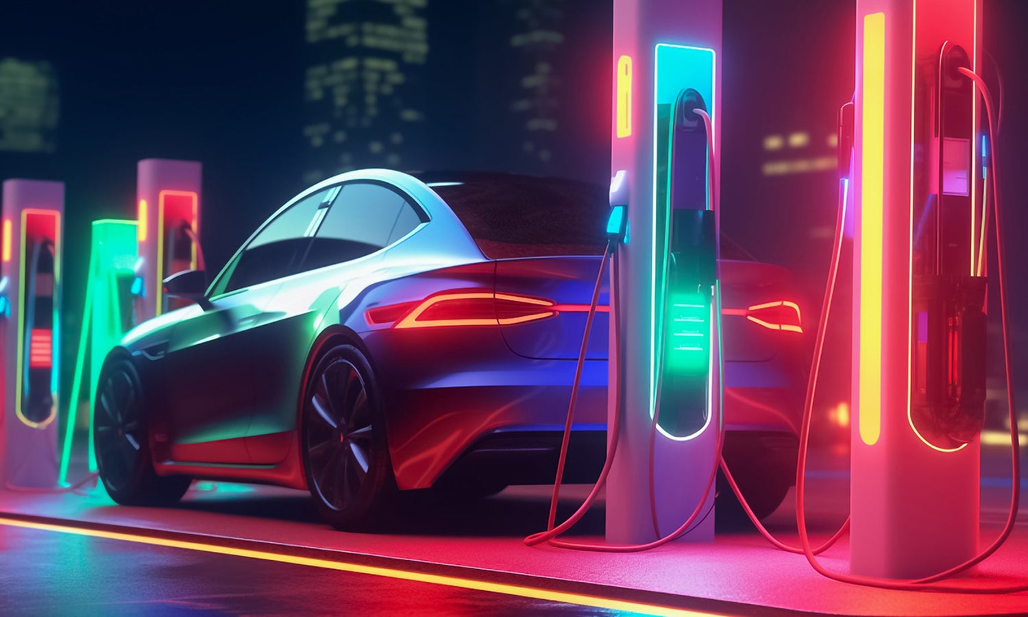 electric car charging with neon lights