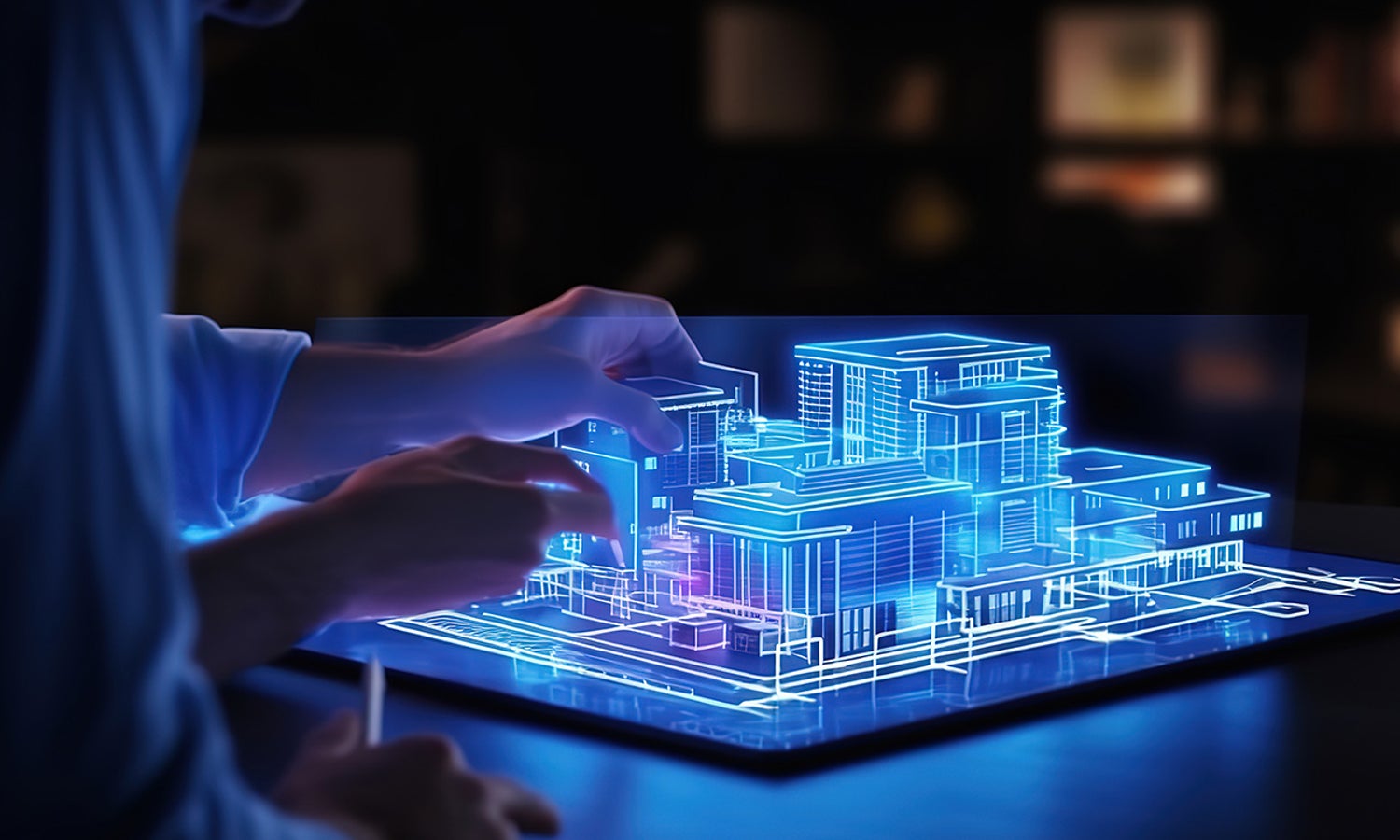 Architect view 3D buildings in tablet that emerge from architecture plan