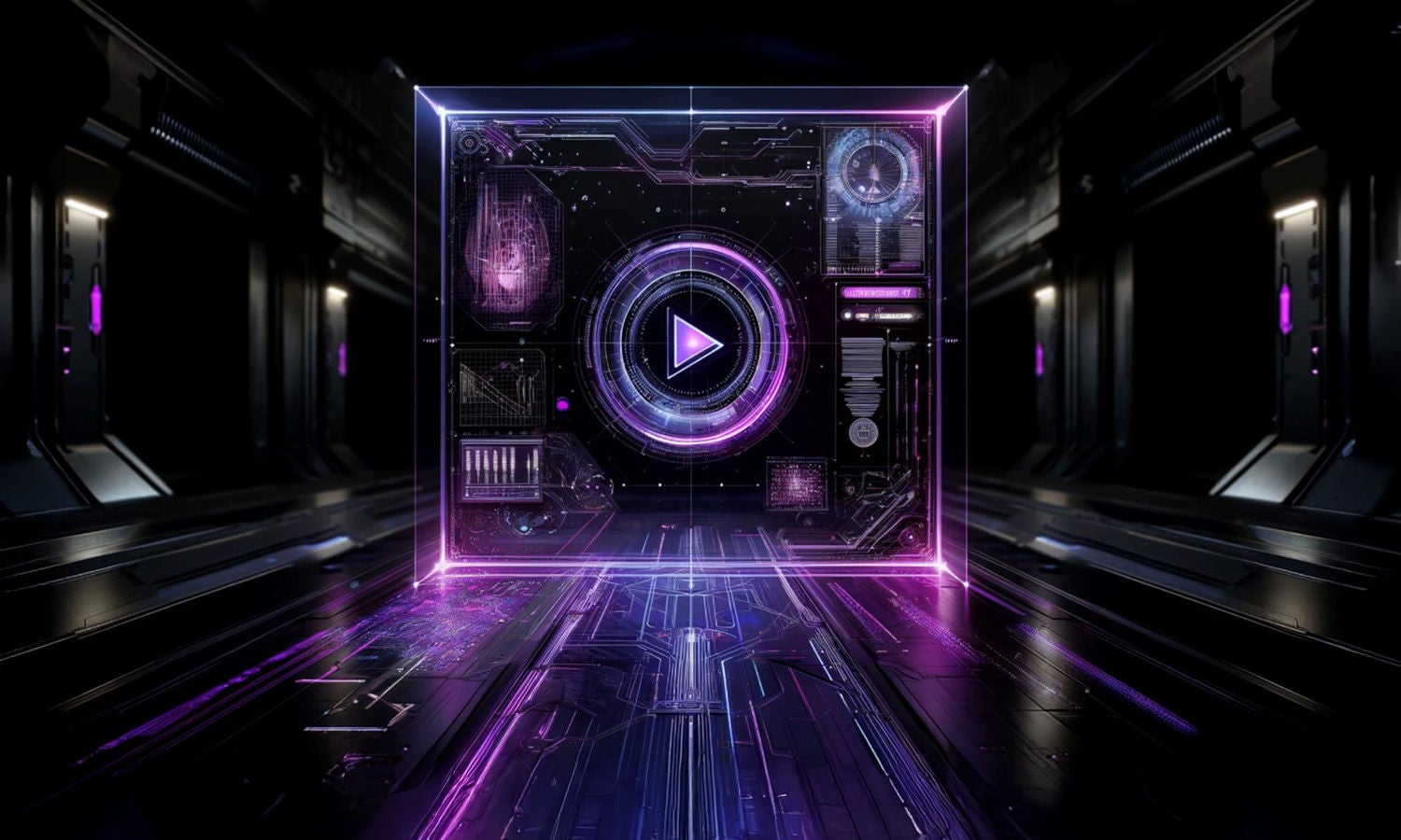 AI tech hallway screen play button