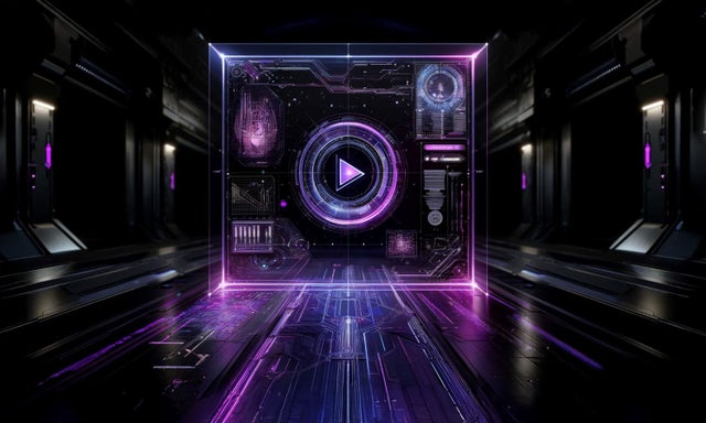 AI tech hallway screen play button