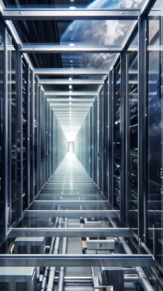 Modern data center server racks with illuminated networking equipment