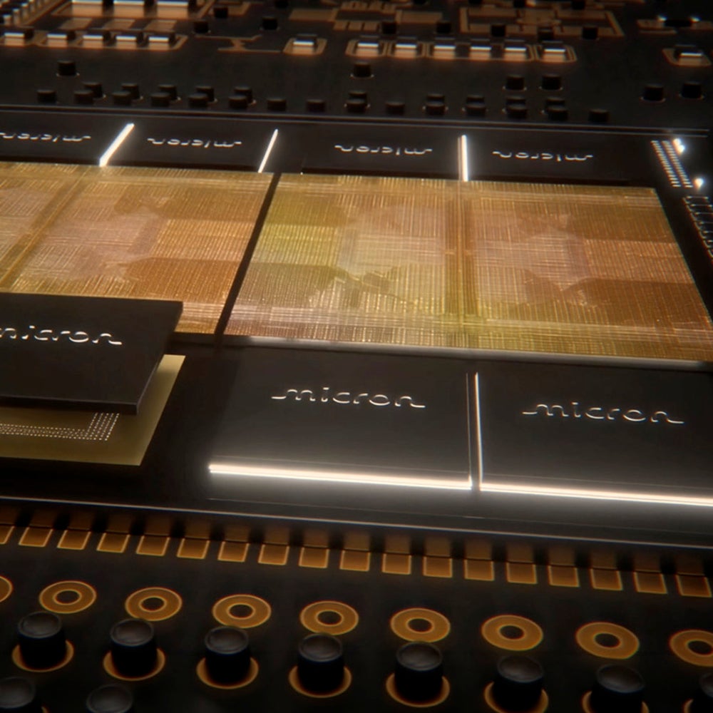 Micron semiconductor wafers and chip components in a technology showcase display
