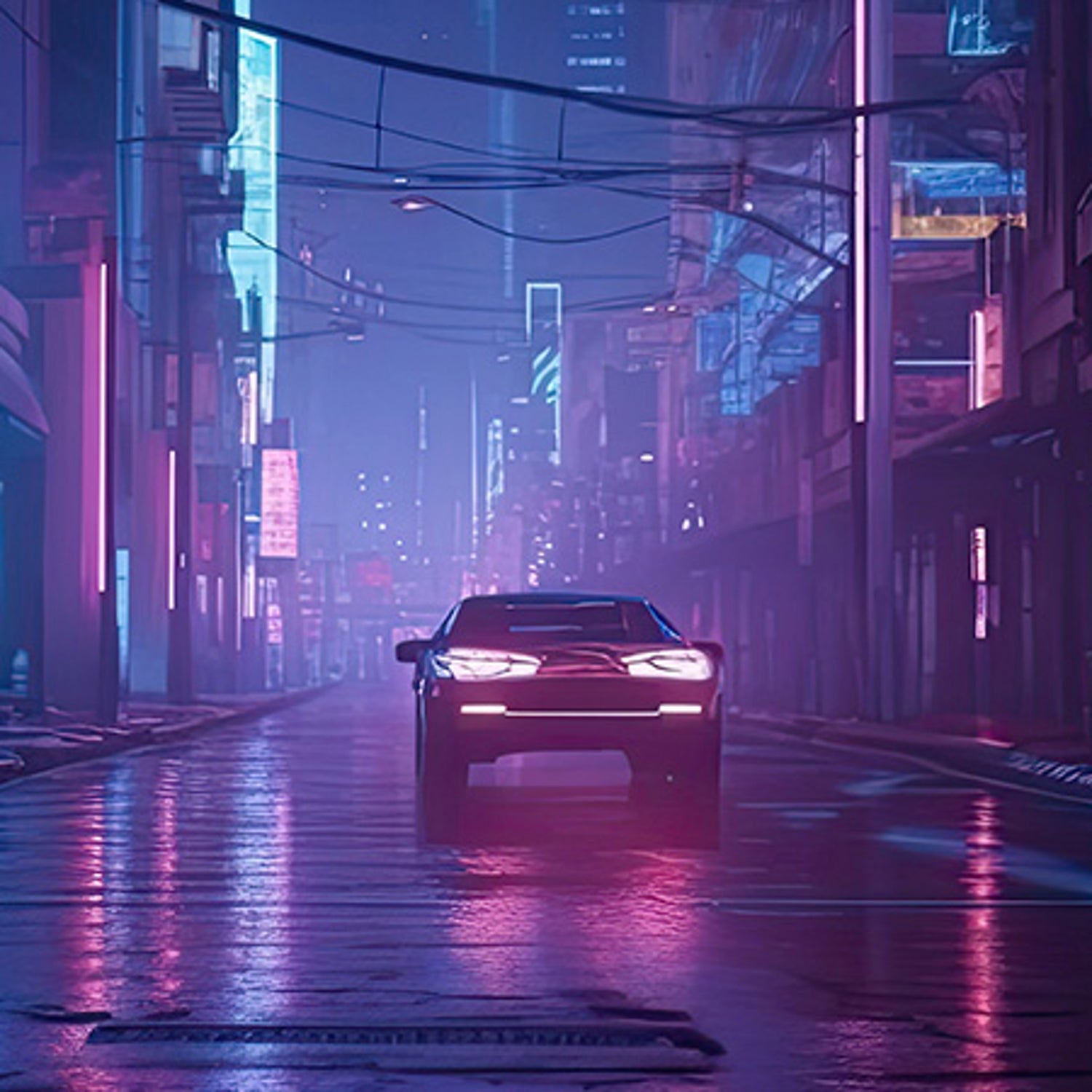 Far awy car in a dark and moody city allyway at night.