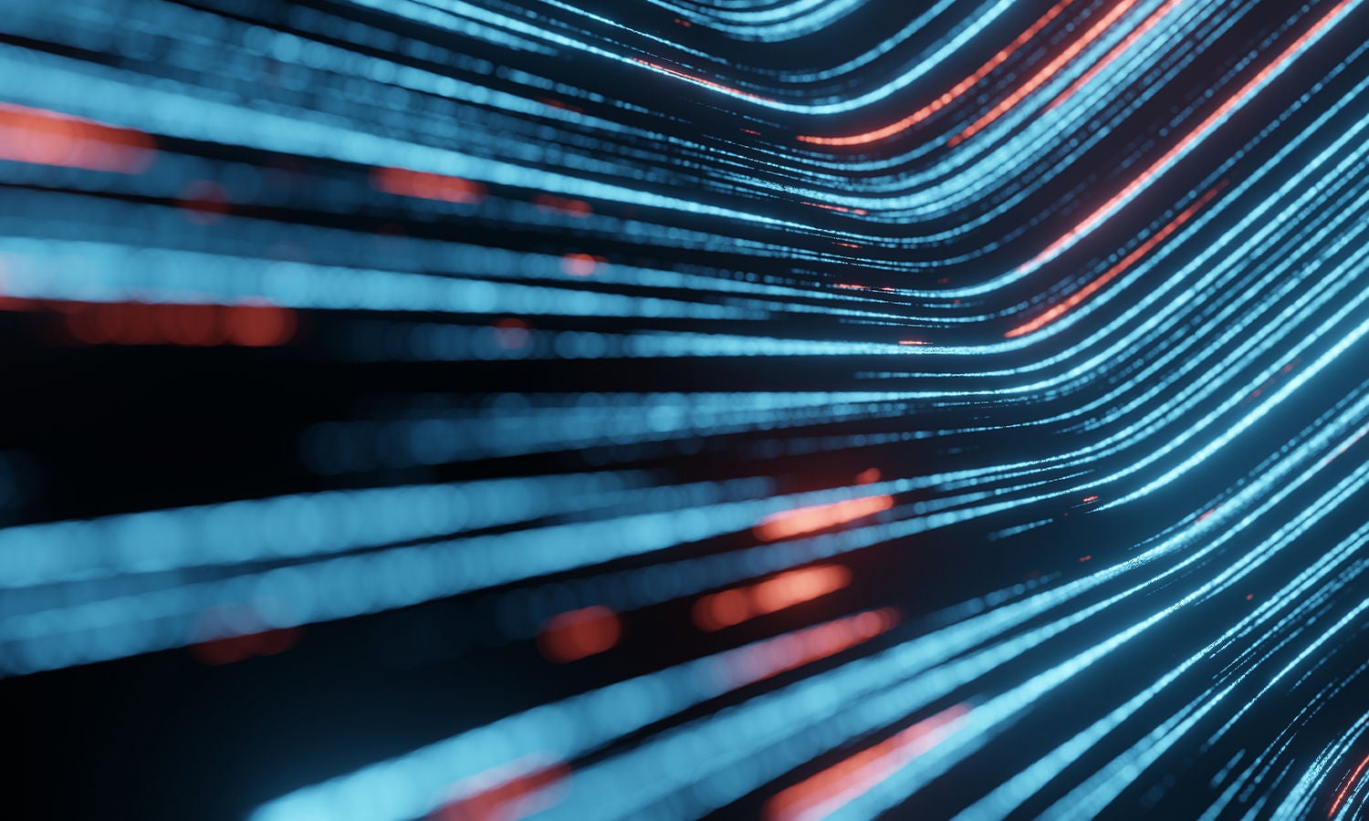 Digital representation of a circuitry in teal, blue, and purple against a black background