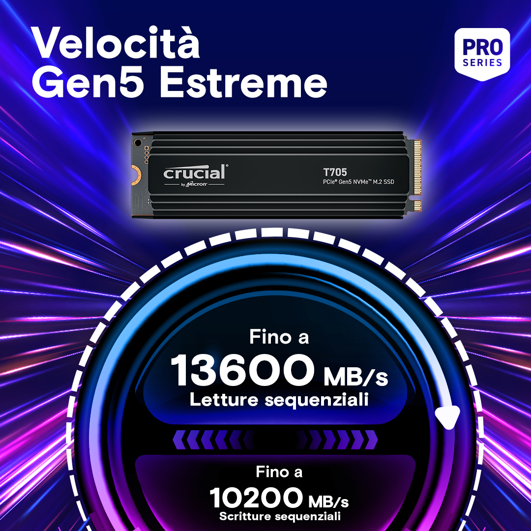 Crucial T705 1TB PCIe Gen5 NVMe M.2 SSD with heatsink