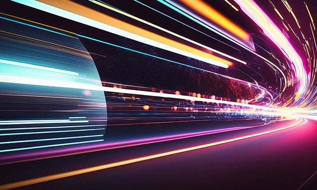 abstract view of streaming lights in neon gree, red, yellow
