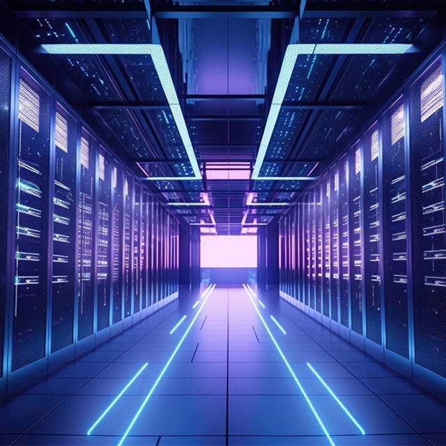 Zoomed in view of server racks in deep blue hues