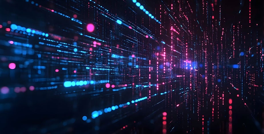 Digital data transfer on dark background