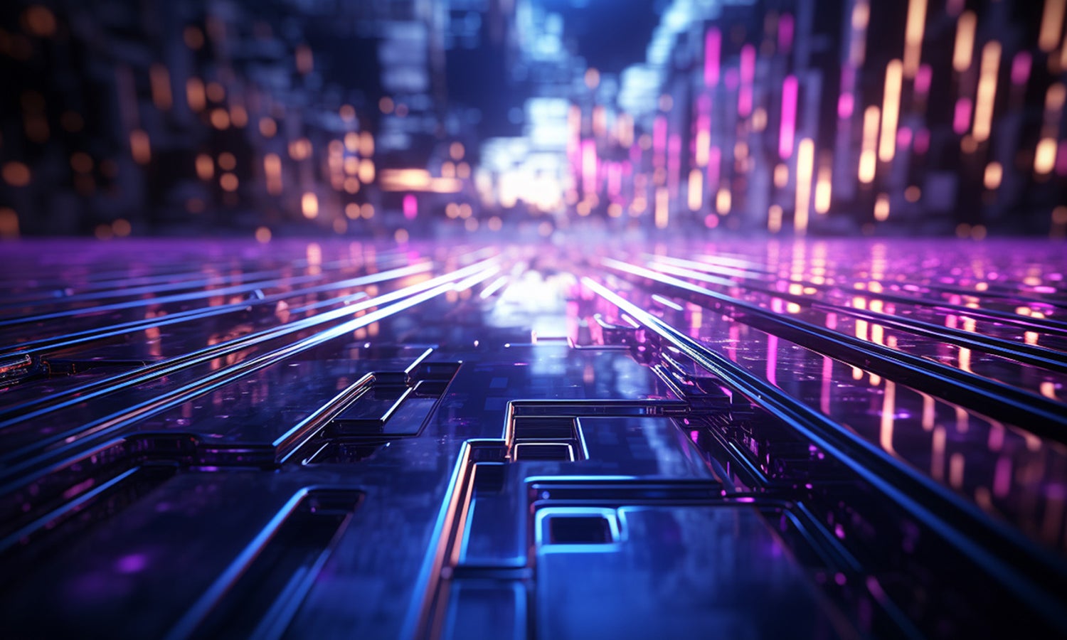 Lights and grids dissappearing to a vanishing point on the horizon