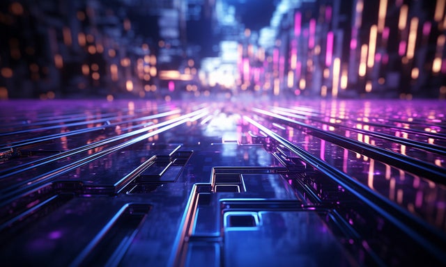 Lights and grids dissappearing to a vanishing point on the horizon