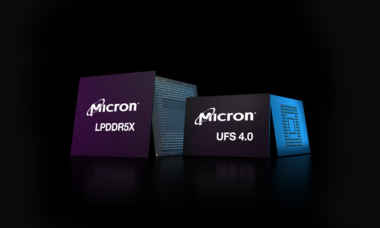 A side by side of a Micron LPDDR5X chip and Micron UFS 4.0 chip