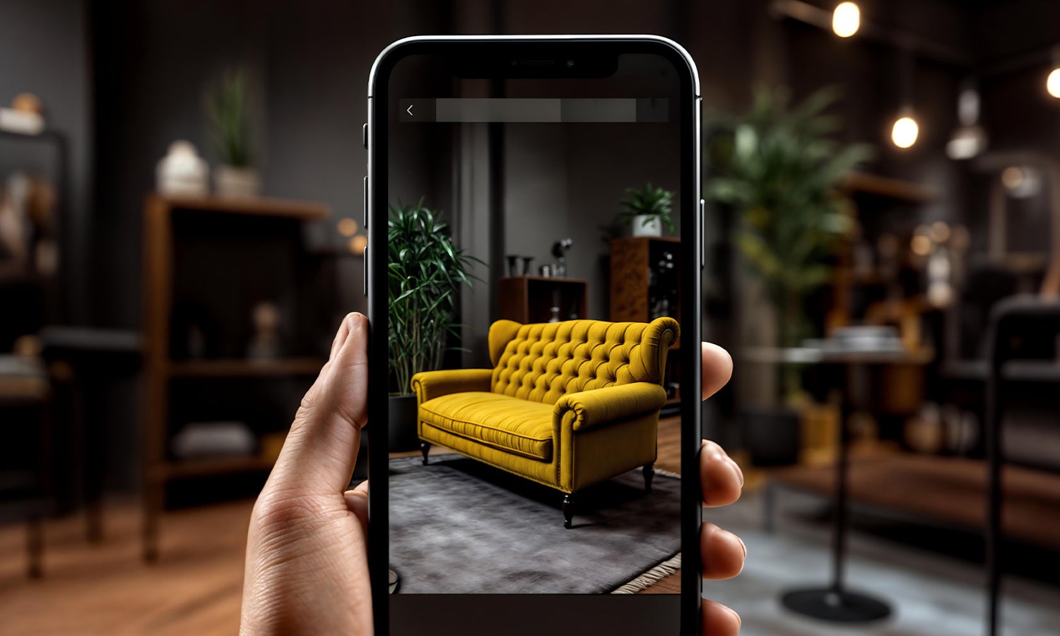 Iphone taking a picture of a yellow sofa