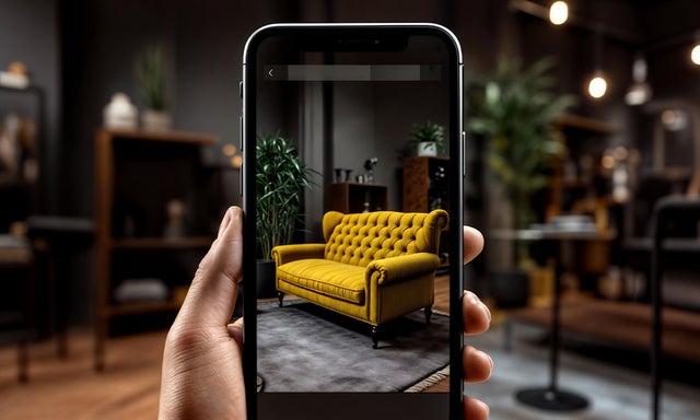 Iphone taking a picture of a yellow sofa