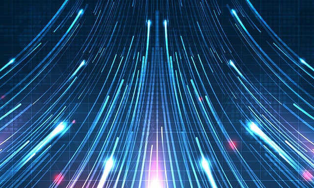 Graphic of fiber-optic lights flowing away and upwards toward a central point