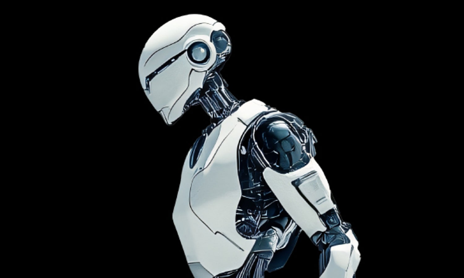 Humanoid robot in side profile with visible mechanical components