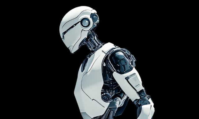 Humanoid robot in side profile with visible mechanical components