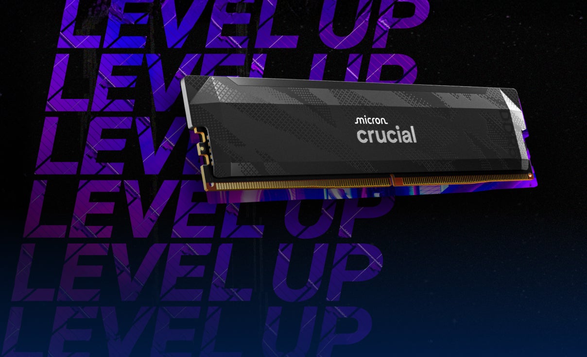 Crucial DDR5 Pro Overclocking 6400 CL32 memory module displayed against a bold background with repeated text “LEVEL UP” in purple and blue tones 
