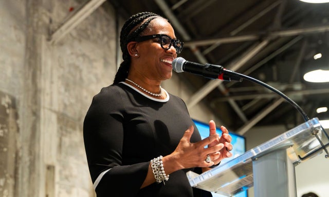 Kim Burnett speaking at a Micron Kids in Tech event