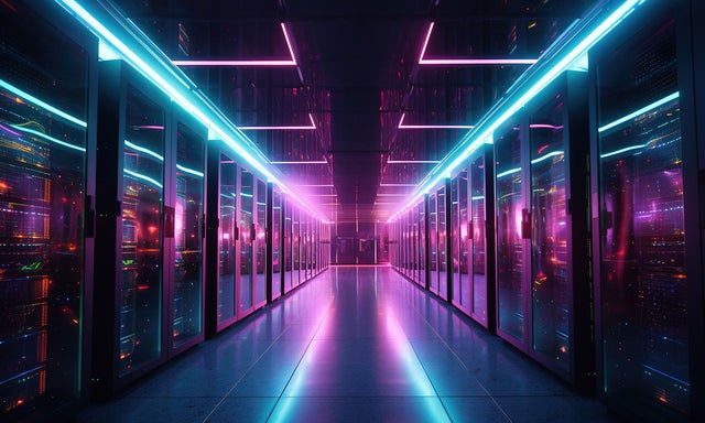 data center aglow with green and pink neon lights