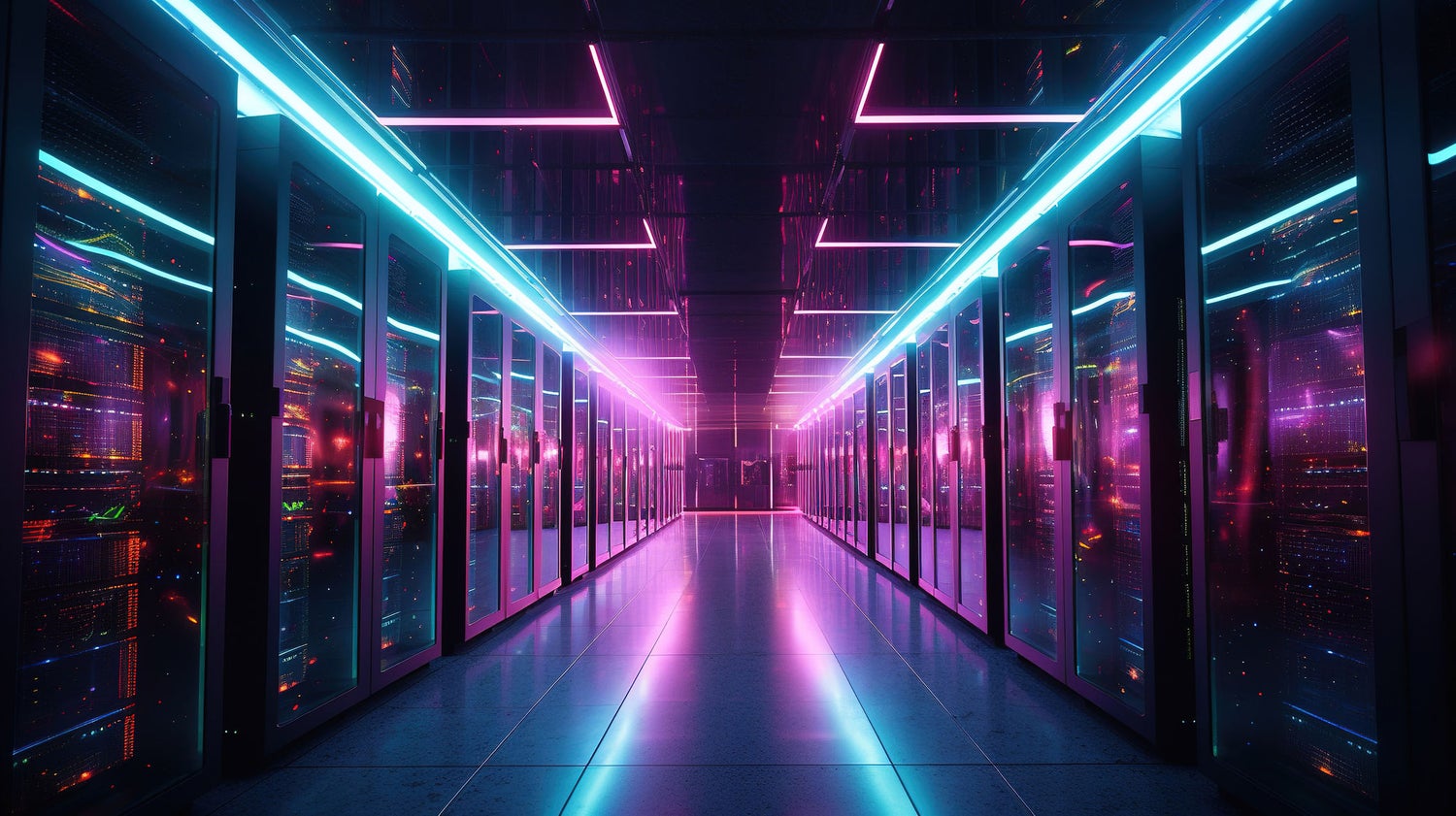 Neon-lit data center server corridor