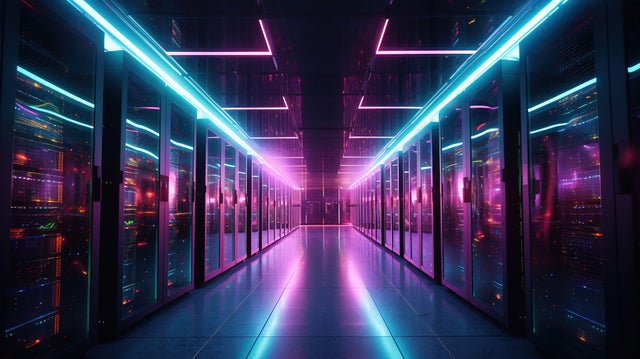 Neon-lit data center server corridor