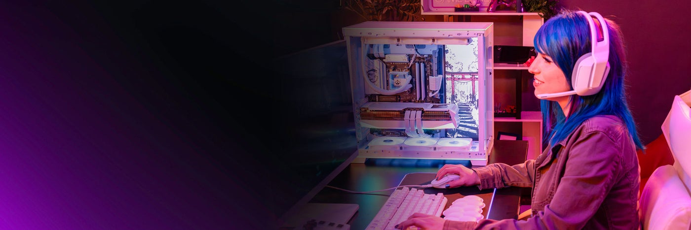 Girl at desk playing video game